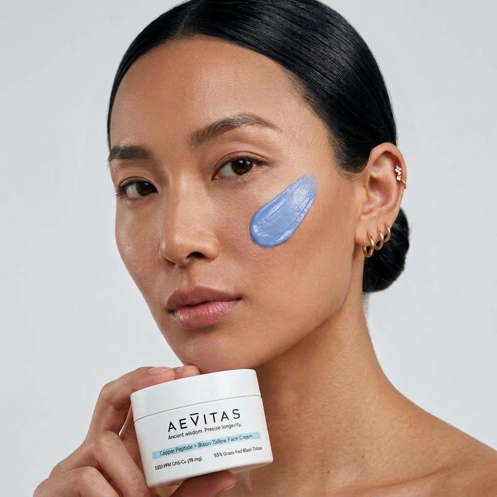 AEVITAS Copper Peptide + Bison Tallow Face Cream, held by a model with a swipe of the blue cream on her cheek